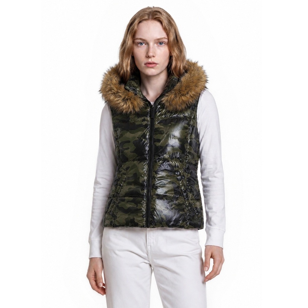 Aqua Down Puffer Vest Women's Size Small Green Camo Faux Fur Hood Glossy Zip